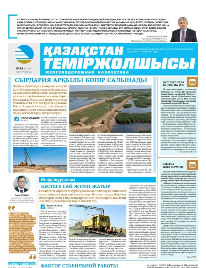 Газета  Қазақстан теміржолшысы, №55 от  22  июля 2025 года