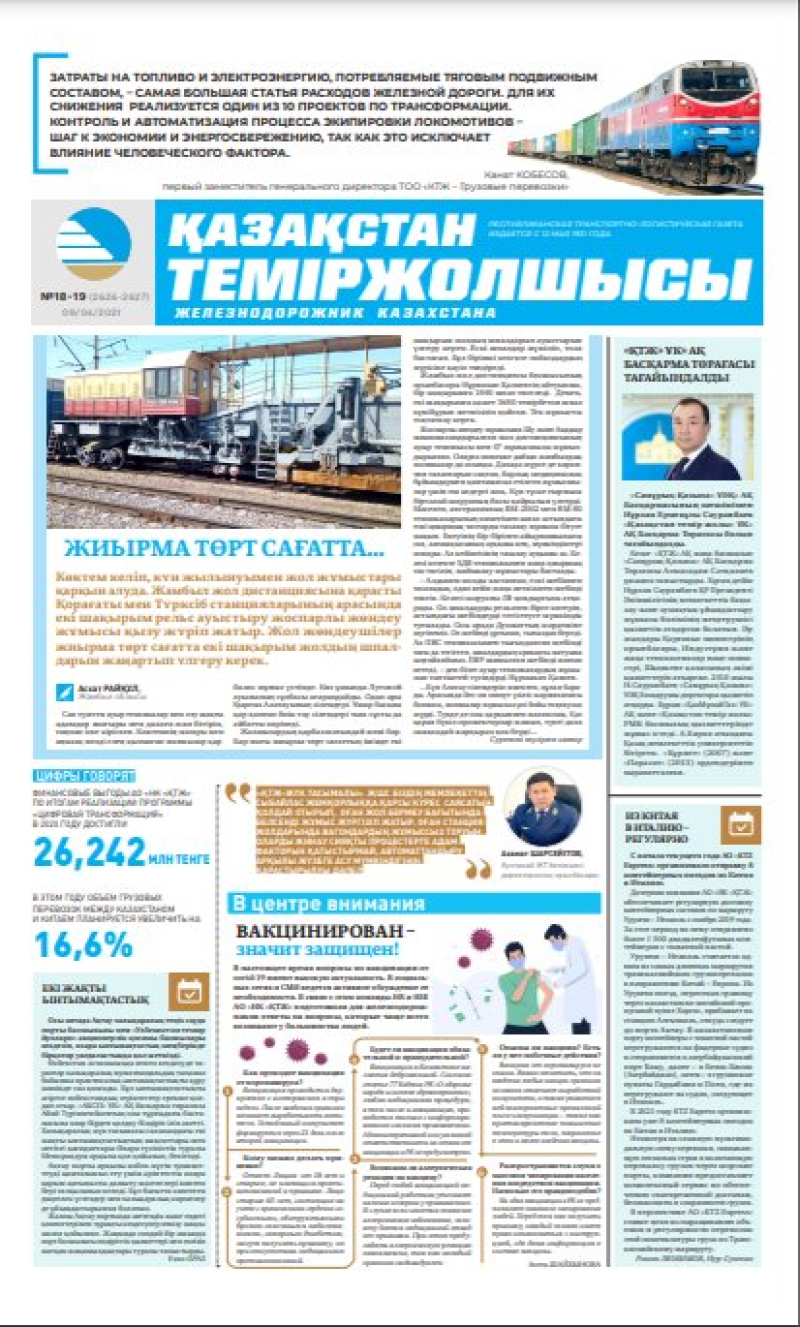 Газета «Қазақстан теміржолшысы», №18-19 от 9 апреля 2021 года